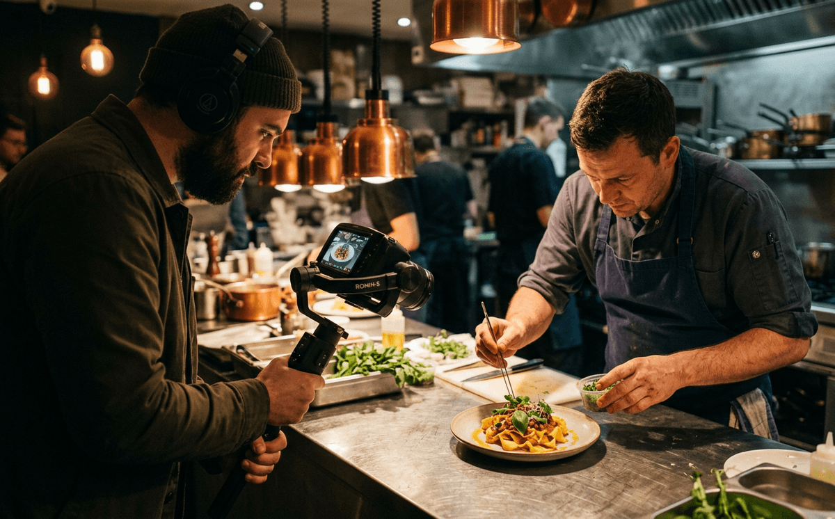 A videographer filming a chef plating pasta in a restaurant kitchen