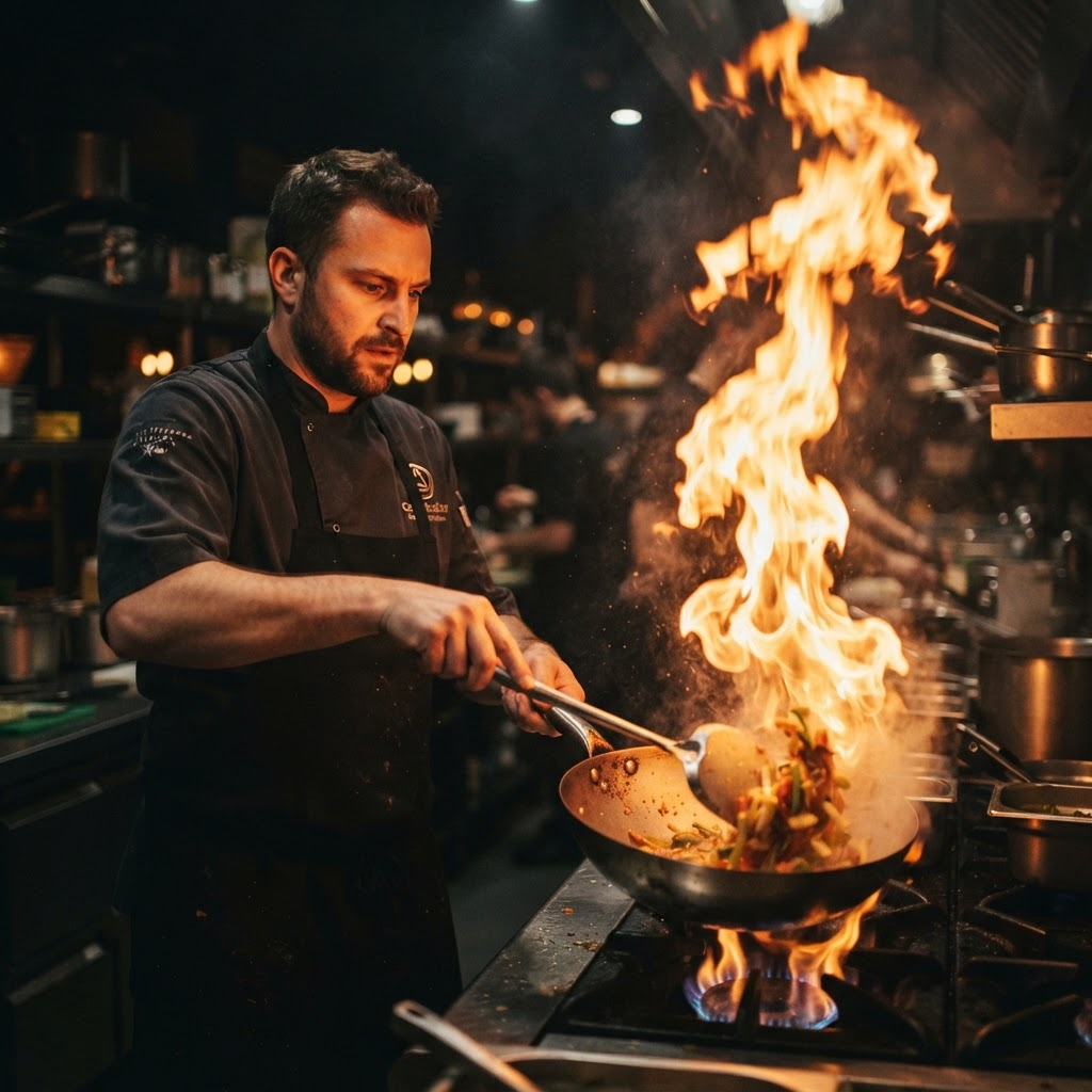 Chef flambeing a dish over open flame